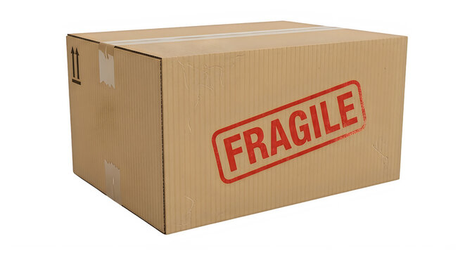 Brown cardboard shipping box with fragile label stamp isolated on transparent background, illustration