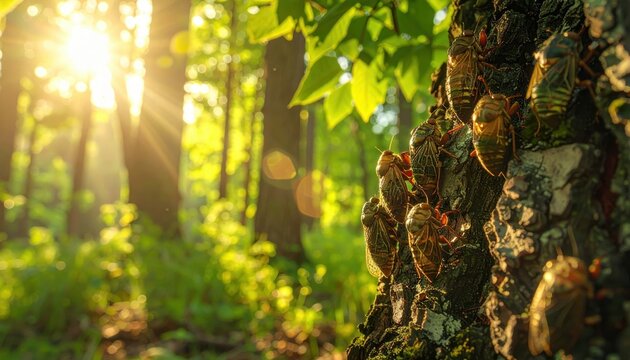 Cicadas Emerge From Earth Clinging to Tree Bark in Golden Sunlight