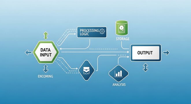 Business analytics dashboard with data processing flow.
