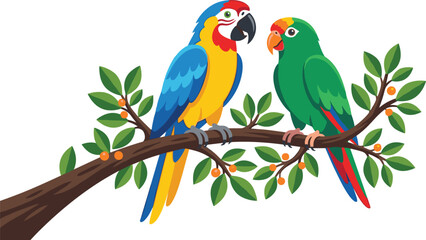 Vector illustration of a blue and gold macaw parrot beside a green parakeet perched on a leafy fruit tree branch isolated on white background © Auwal