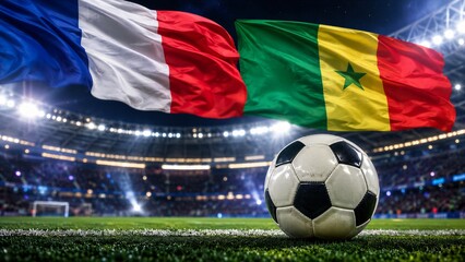 Fototapeta premium Soccer ball sits on the grass of a stadium under bright lights with the flags of France and Senegal waving in the background during an international match.