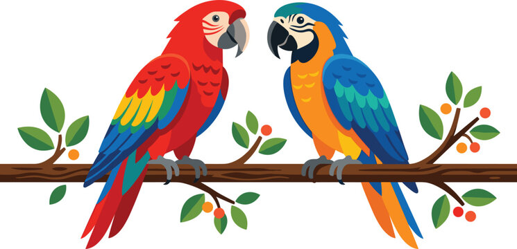 Vector illustration of a scarlet macaw and a blue and gold macaw parrot perched on a leafy fruit tree branch isolated on white background