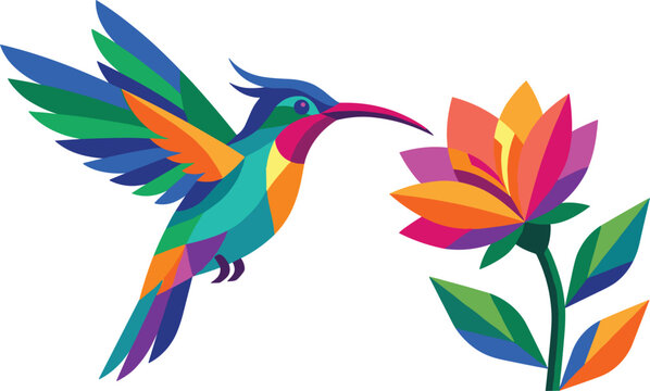 Vector illustration of a colorful hummingbird hovering near a blooming flower with abstract geometric patterns isolated on a white background