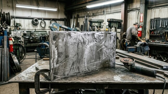 Rough Metal Fabrication Project Resting on a Workshop Workbench Amidst Industrial Equipment