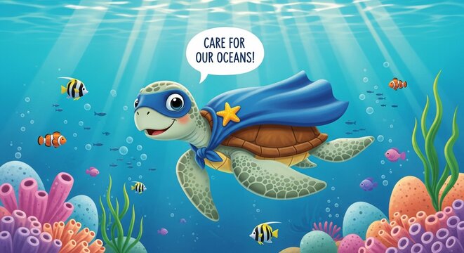 Cartoon sea turtle superhero with speech bubble swimming in the ocean