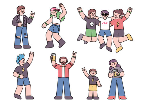 Rock festival attendees dancing, cheering, and enjoying live music in a flat vector style.