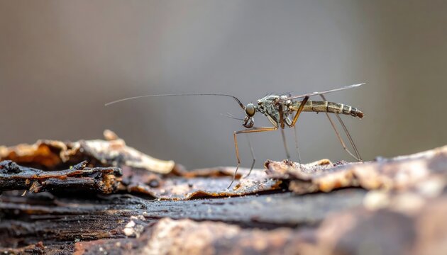 Tiny Fungus Gnat with Long Antennae Perched on Damp Wood Surface in Shallow Focus