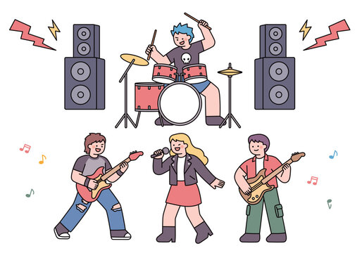 Rock band performing live on stage with singer, guitarists, drummer, and speakers in a flat vector style.