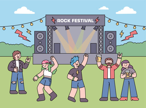 People enjoying an outdoor rock festival in front of a concert stage in a flat vector style.