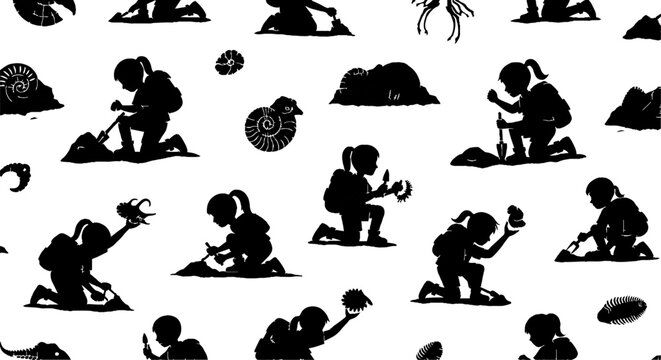 Black and white silhouettes of people digging and exploring.