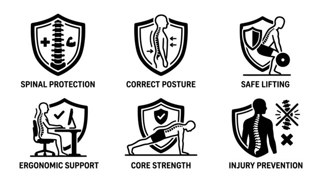 Back health and spinal alignment educational vector icons.
