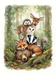 Naklejka premium Charming Woodland Creatures Hugging in Forest.