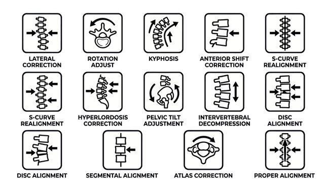 Chiropractic spinal correction and disc alignment icon set.