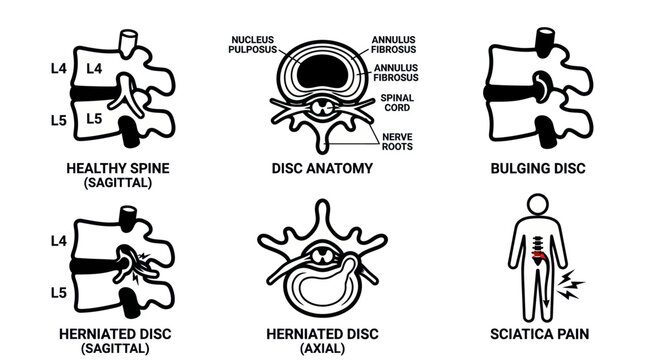 Anatomical diagrams of spinal discs and nerve pain.