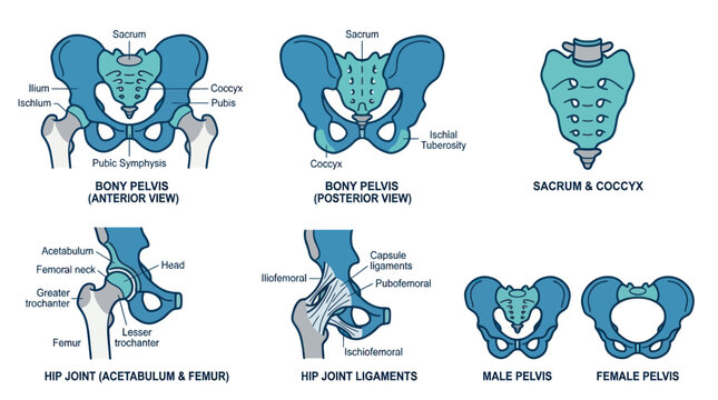 Anatomical diagrams of the bony pelvis and hip joints.