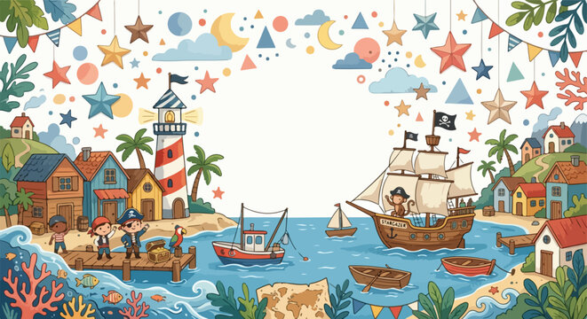 This whimsical vector illustration depicts a vibrant pirate-themed coastal town featuring a lighthouse, ships, and playful characters under a starry sky.