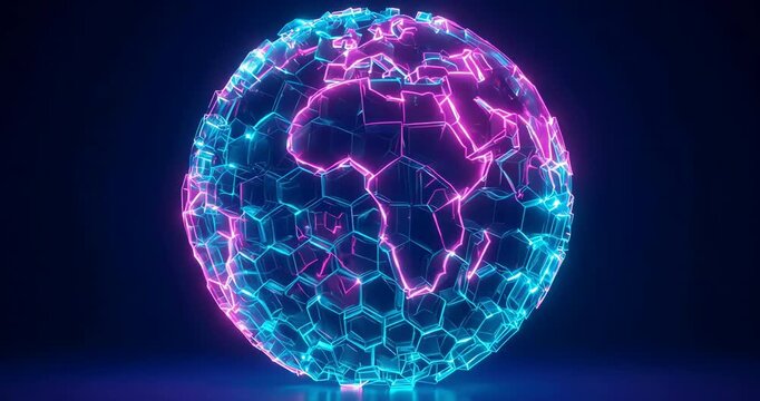 Global Network Represented by Glowing Geometric Cubes