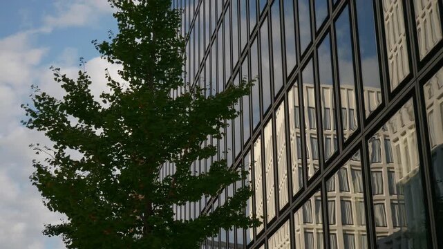 sunny day zurich city center modern office buildings front exterior reflection slow motion panorama 4k switzerland