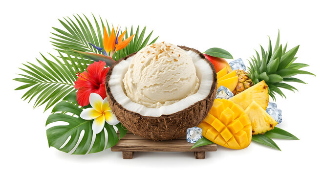 Gourmet coconut ice cream served in a fresh coconut shell with tropical fruits