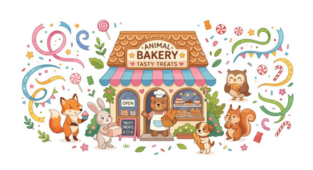 Naklejka premium A cute animal bakery with a bear chef and happy animal customers enjoying various tasty treats and pastries in a festive, colorful setting.
