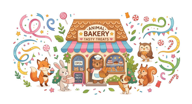 A cute animal bakery with a bear chef and happy animal customers enjoying various tasty treats and pastries in a festive, colorful setting.
