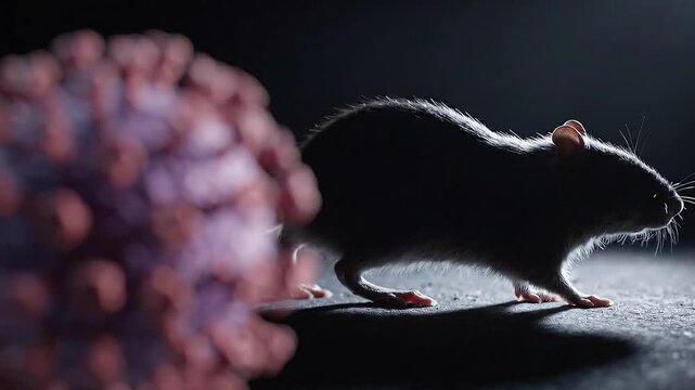 Laboratory rat walking near a microscopic virus model under dramatic lighting, rack focus showing zoonotic disease transmission concept.