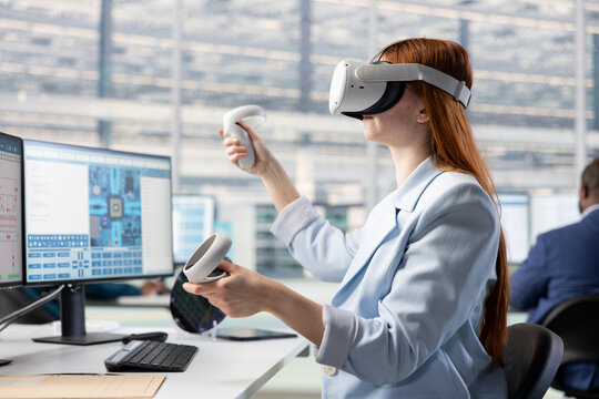 Testing microchip electronics prototypes, VR technology and woman in office, Ensuring industrial hardware standards, virtual reality headset and female engineer in semiconductors RD laboratory.