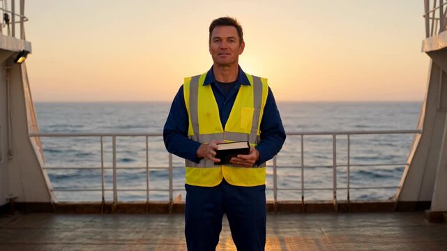 Christian seafarer holding a bible on a ship deck at sunset. Maritime worker sharing a message of faith. Religious awareness concept