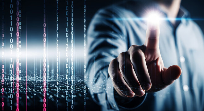 Hand touching glowing binary code data stream with digital network finger