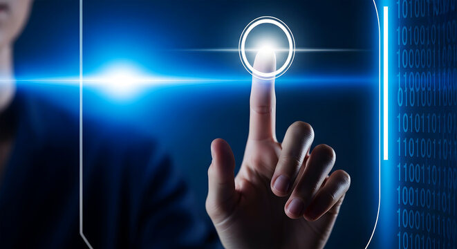Hand touching glowing digital interface with binary code data stream finger