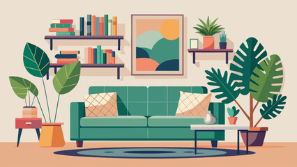 Cozy Scandinavian-style living room with sofa, bookshelves, plants, artwork, and modern decors. Flat vector interior illustration for home design and lifestyle themes. © Tamar