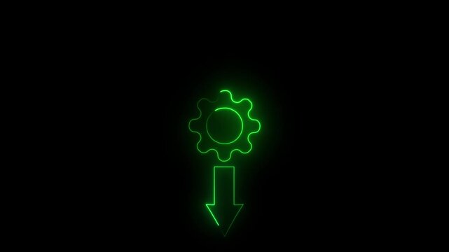 A bright green neon glowing gear with a downward pointing arrow beneath it on a black background symbolizing a decrease in operational efficiency or a reduction in process