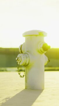A white fire hydrant stands on the ground under bright sunlight during the day. The scene shows the hydrant with a chain attached, in an open area.