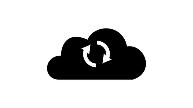 A solid black cloud with two circular arrows inside indicating synchronization or refresh on a white background, representing data transfer and digital services