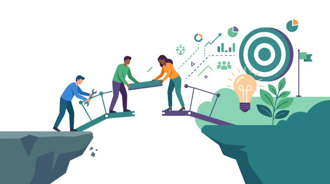 Teamwork building a bridge to success. Collaborative problem-solving, strategic planning, and achieving business goals through innovation and data analysis.