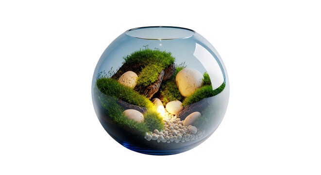Small glass terrarium with green moss and stones inside isolated on transparent background, illustration