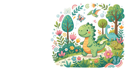 A charming vector artwork depicting friendly dinosaurs walking along a winding path in a magical, colorful prehistoric landscape filled with plants. © Regina