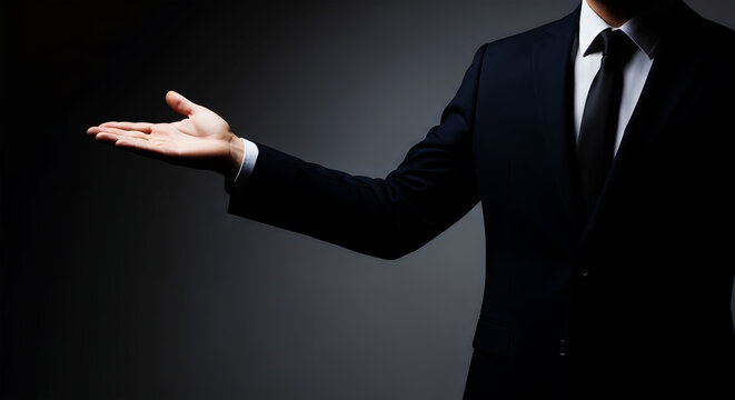 Man in dark suit and tie with open palm extended to the side black white