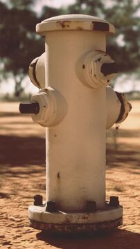 A fire hydrant is positioned on a dirt surface with some grass around it. The hydrant has pipes and flanges. There are trees and open space in the background under sunlight.