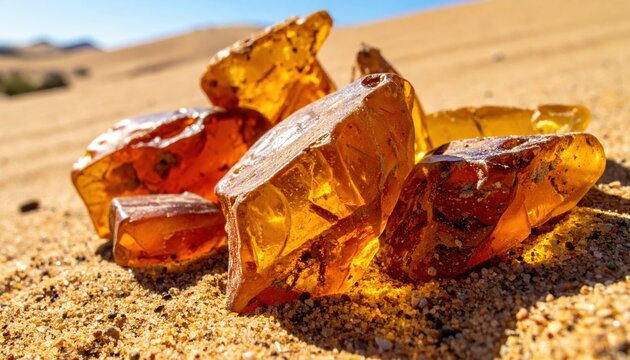 Collection of rough unpolished amber specimens displaying natural inclusions and textures on desert sand