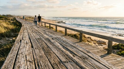 Fototapeta premium Couple Walking Together on a Wooden Boardwalk Beside the Beach at Sunset