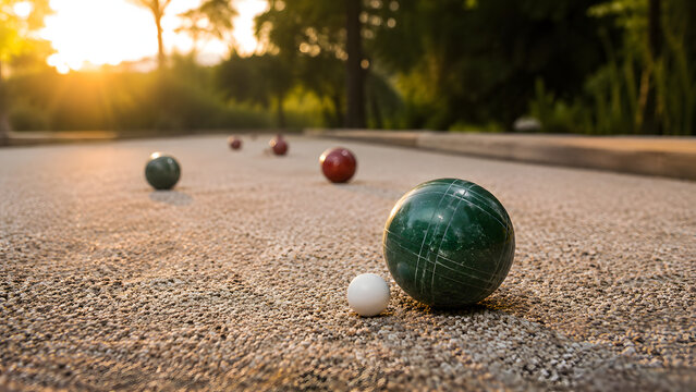 Bocce Ball Close Up on Gravel Court at Sunset