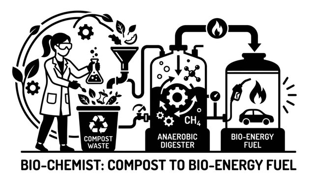 Bio-chemist illustration showing compost waste to bio-energy process.