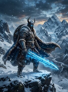 Epic Viking Warrior with Glowing Sword in Snowy Mountain Landscape.