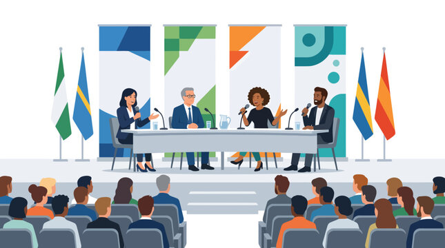 Diverse panel of speakers discussing topics at a conference or seminar with audience watching