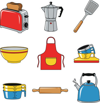 Stacked yellow and blue plastic measuring bowls for kitchen cooking