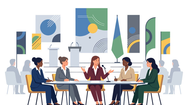Diverse group of professional women participating in a panel discussion or conference, engaging in a lively debate or presentation with an audience present.