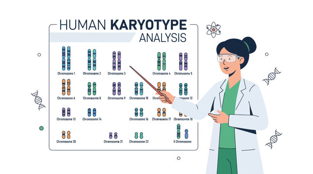 Female geneticist presenting human karyotype chromosome analysis chart.