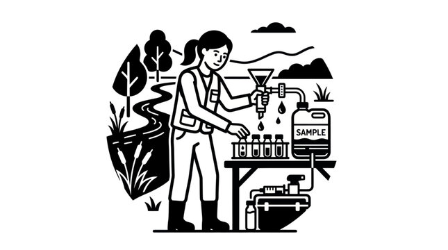 Female environmental scientist collecting water samples in nature icon.