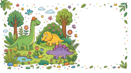 A cute cartoon illustration of friendly dinosaurs, including a Brachiosaurus, Triceratops, and Stegosaurus, in a lush green prehistoric forest. © Regina